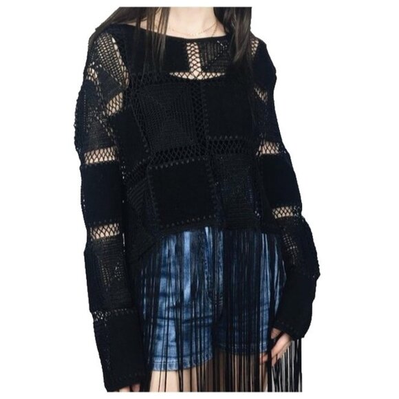 Topshop Tops - TOPSHOP Crochet Fringe Knit Boho Festival Sweater Women’s Black Size S